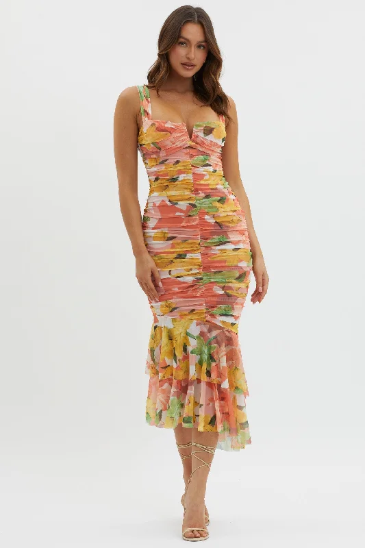 Midi dresses with tassel accents for a bohemian and free - spirited style Nadia Ruched Fishtail Midi Dress Floral Orange Midi dresses with tassel accents for a bohemian and free - spirited style Nadia Ruched Fishtail Midi Dress Floral Orange