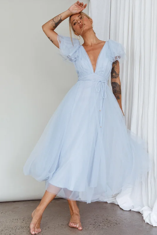 Midi dresses with lace - up fronts for a unique and adjustable style Leap Of Faith Frill Shoulder Tulle Midi Dress Blue Midi dresses with lace - up fronts for a unique and adjustable style Leap Of Faith Frill Shoulder Tulle Midi Dress Blue