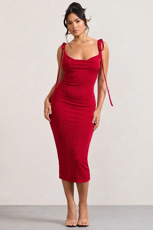 Plaid midi dresses for a fall - themed family gathering Irina | Red Cowl-Neck Bodycon Midi Dress Plaid midi dresses for a fall - themed family gathering Irina | Red Cowl-Neck Bodycon Midi Dress