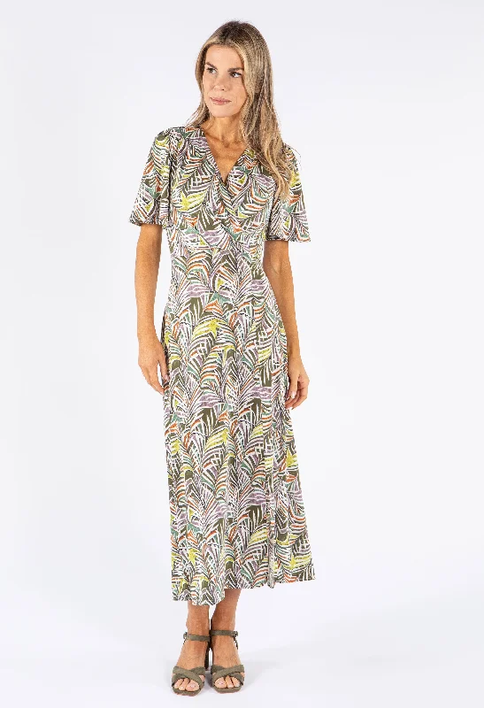 Midi dresses with gathered skirts for a full and flowing silhouette Palm Print Wrap Bodice Dress Midi dresses with gathered skirts for a full and flowing silhouette Palm Print Wrap Bodice Dress
