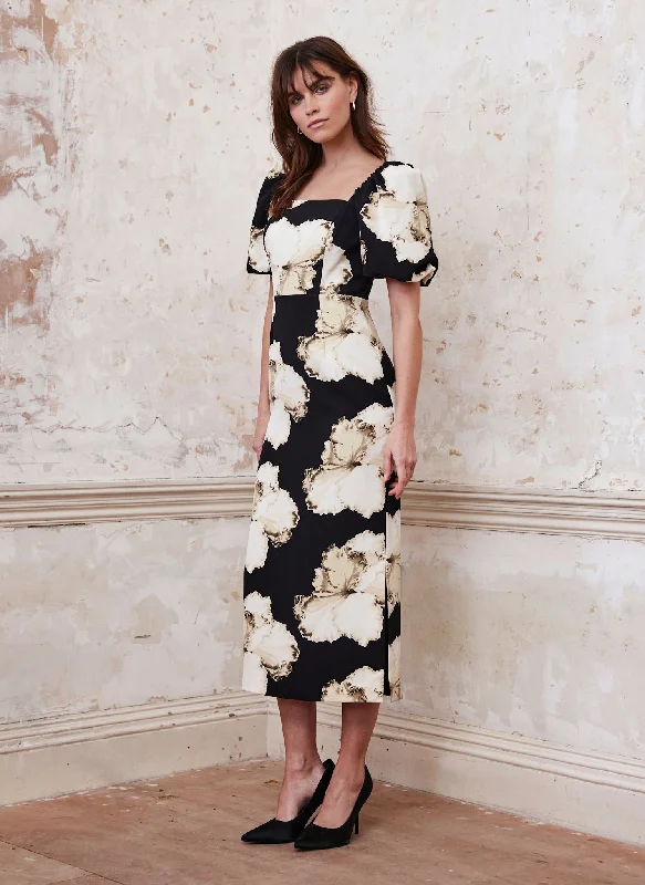 Mini dresses with tassel accents for a fun touch Black Floral Print Midi Dress