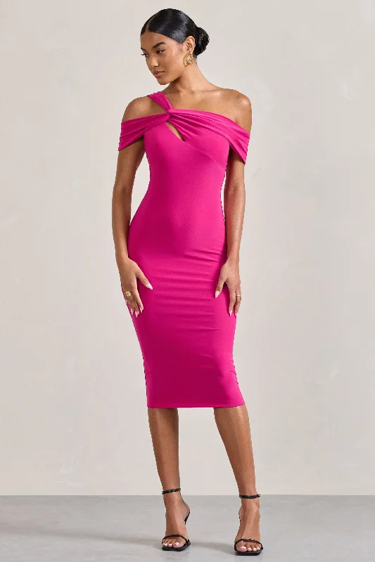Midi dresses with ruched sleeves for a more fitted and stylish arm look Chain Reaction | Fuchsia Pink Strappy Asymmetric Bodycon Midi Dress Midi dresses with ruched sleeves for a more fitted and stylish arm look Chain Reaction | Fuchsia Pink Strappy Asymmetric Bodycon Midi Dress
