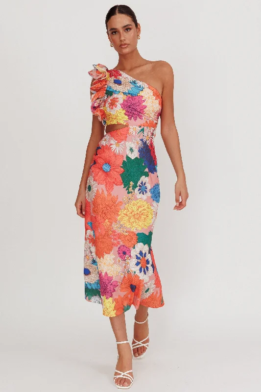 Plaid midi dresses for a fall - themed family gathering Deanna One-Shoulder Ruffle Floral Maxi Dress Orange