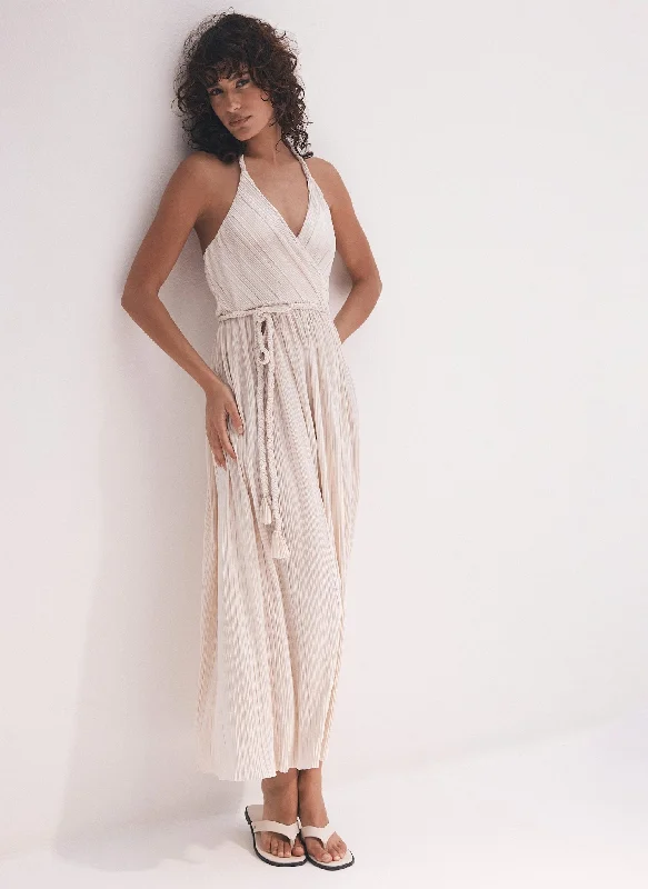 Mini dresses with mesh panels for a sexy and trendy look Cream Plisse Metallic Midi Dress