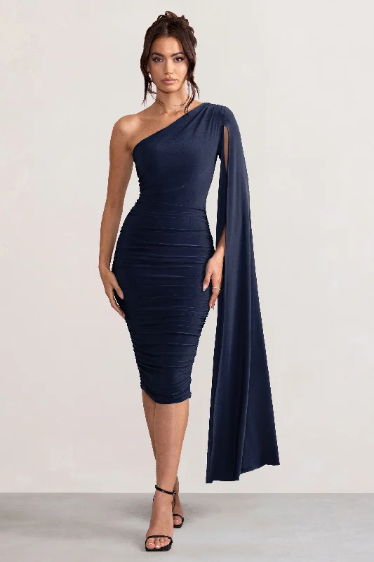 Midi dresses with pom - pom trims for a playful and festive look Yara | Navy One Shoulder Cape Ruched Midi Dress Midi dresses with pom - pom trims for a playful and festive look Yara | Navy One Shoulder Cape Ruched Midi Dress