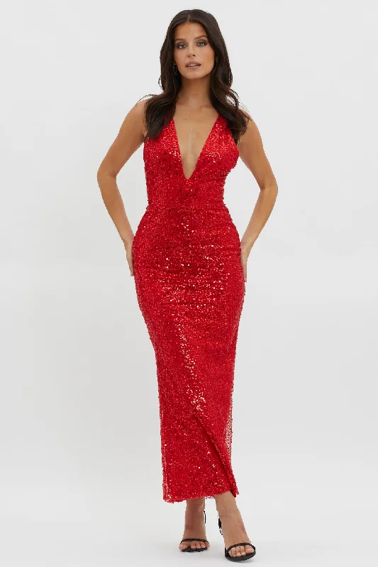 Midi dresses with patchwork patterns for a one - of - a - kind style Glitter Nights Plunging Neckline Sequin Dress Red Midi dresses with patchwork patterns for a one - of - a - kind style Glitter Nights Plunging Neckline Sequin Dress Red