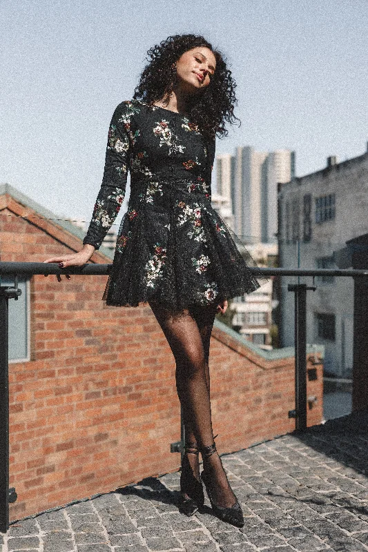Mini dresses with high - low hems for a modern twist Woodsen Long Sleeve Mini Dress - Black Floral