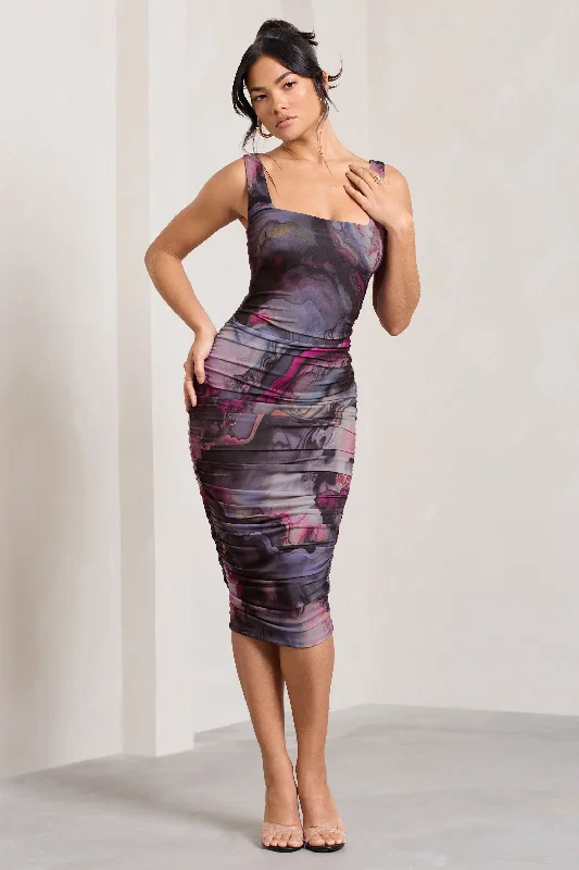 Midi dresses with satin - finish fabrics for a luxurious feel Lisbon | Marble Blue Print Square Neck Ruched Midi Dress Midi dresses with satin - finish fabrics for a luxurious feel Lisbon | Marble Blue Print Square Neck Ruched Midi Dress