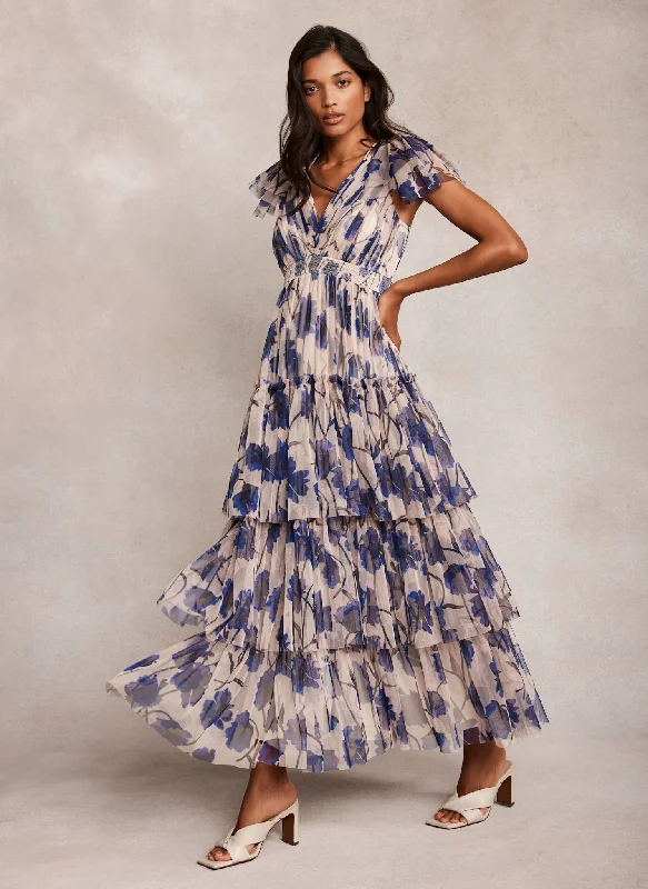 Mini dresses with geometric prints for a modern aesthetic Neutral Floral Print Tulle Maxi Dress