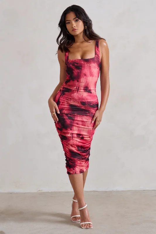 Midi dresses with asymmetric hems for a fashion - forward and dynamic appearance Lisbon | Pink Printed Square Neck Ruched Midi Dress