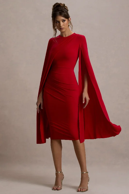 Midi dresses with puff sleeves for a vintage - inspired look Marysol | Red Asymmetric Cape Midi Dress Midi dresses with puff sleeves for a vintage - inspired look Marysol | Red Asymmetric Cape Midi Dress