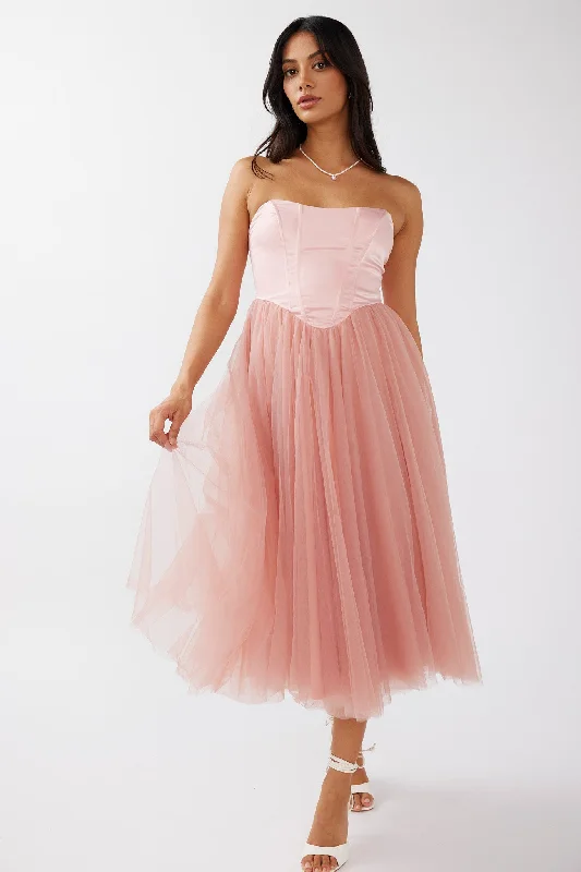 Midi dresses with embroidered accents for a unique and detailed design Rosemary Tulle Bustier Midi Dress Pink Midi dresses with embroidered accents for a unique and detailed design Rosemary Tulle Bustier Midi Dress Pink