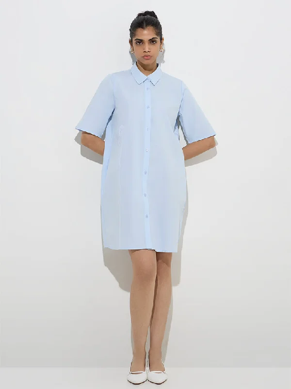 Mini dresses with ruched bodices for a feminine touch Wardrobe Light Blue Floral Embroidered Cotton Shirt Dress