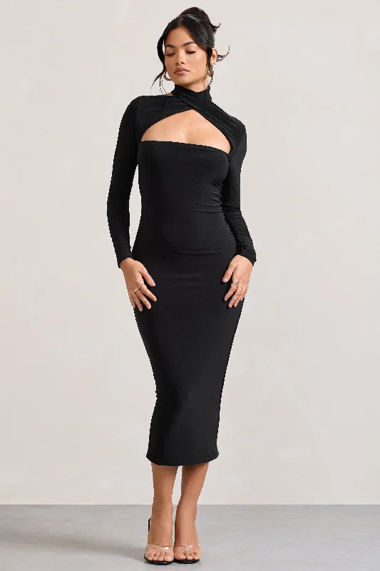 Midi dresses with one - shoulder designs for a modern and asymmetric style High Hopes | Black Halter-Neck Long-Sleeved Bodycon Midi Dress Midi dresses with one - shoulder designs for a modern and asymmetric style High Hopes | Black Halter-Neck Long-Sleeved Bodycon Midi Dress
