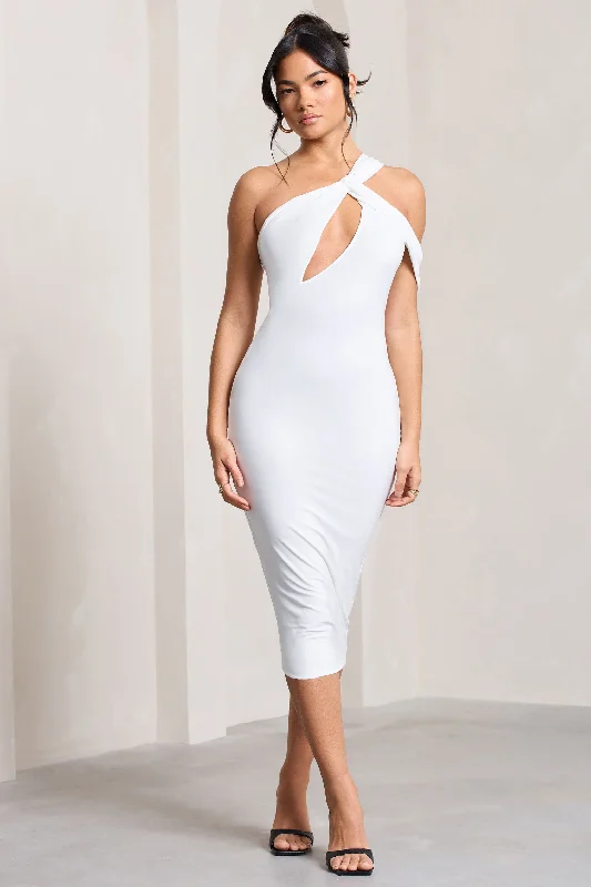 A - line midi dresses with floral prints for spring brunches Ella | White Asymmetric Neck Cut Out Midi Dress A - line midi dresses with floral prints for spring brunches Ella | White Asymmetric Neck Cut Out Midi Dress
