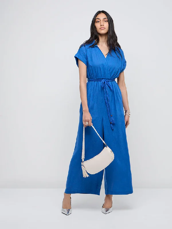 Mini dresses with mesh panels for a sexy and trendy look LOV Blue Solid Linen-Blend Jumpsuit with Belt