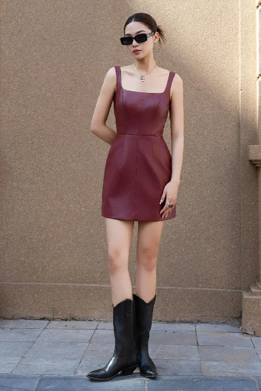 Animal print mini dresses for a bold statement Farah A-line Square Neck Leather Mini Dress