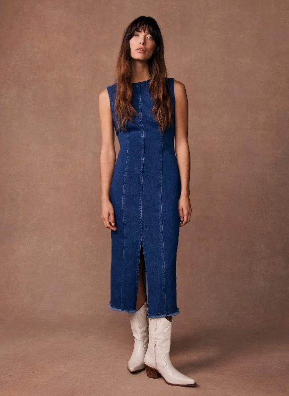Mini dresses with beaded embellishments for a fancy event Blue Sleeveless Denim Midi Dress