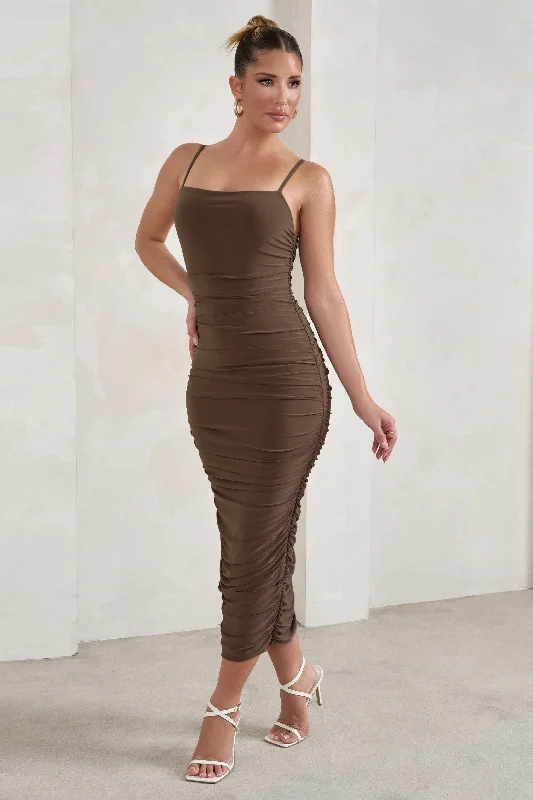 A - line midi dresses with floral prints for spring brunches Saffy | Brown Cami Mesh Ruched Midi Dress