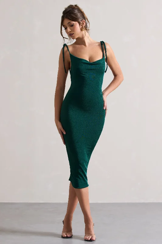 Midi dresses with gathered skirts for a full and flowing silhouette Irina | Bottle Green Cowl-Neck Bodycon Midi Dress Midi dresses with gathered skirts for a full and flowing silhouette Irina | Bottle Green Cowl-Neck Bodycon Midi Dress