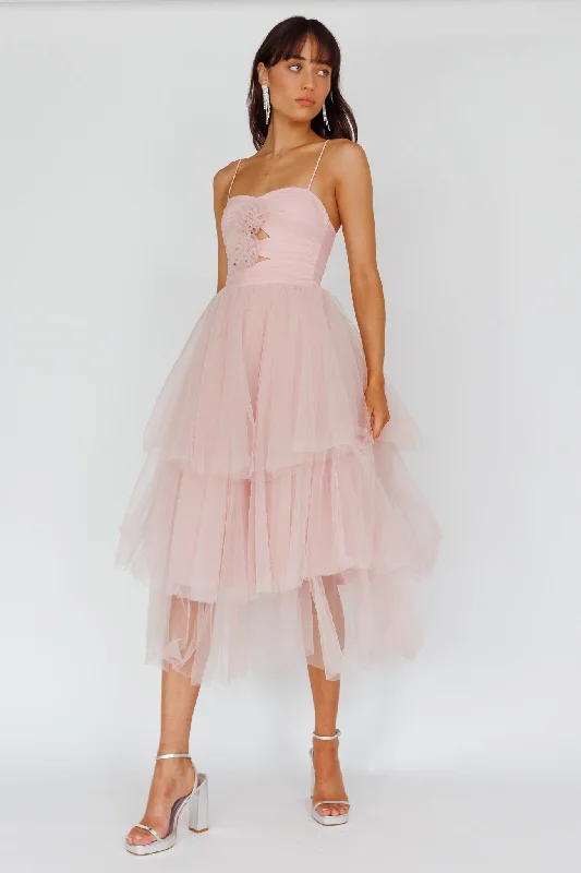 Midi dresses with patchwork patterns for a one - of - a - kind style Seraphina Rose Bodice Tulle Midi Dress Blush