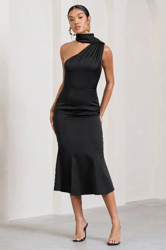 Midi dresses with wrap - around skirts for a customizable fit Golden Girl | Black Satin One Shoulder High-Neck Flared Midi Dress Midi dresses with wrap - around skirts for a customizable fit Golden Girl | Black Satin One Shoulder High-Neck Flared Midi Dress