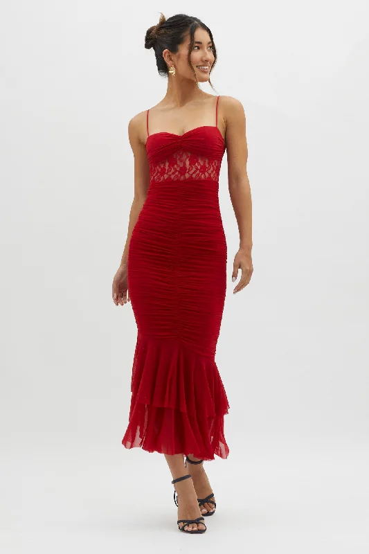 Midi dresses with off - the - shoulder necklines for a flirty look Cherubim Lace Insert Ruched Midi Dress Red Midi dresses with off - the - shoulder necklines for a flirty look Cherubim Lace Insert Ruched Midi Dress Red