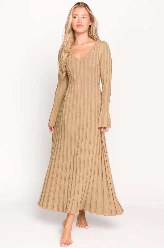 Midi dresses with mesh inserts for a trendy and breathable option Hadley Long Sleeve V-Neck Knit Maxi Dress in Espresso Midi dresses with mesh inserts for a trendy and breathable option Hadley Long Sleeve V-Neck Knit Maxi Dress in Espresso