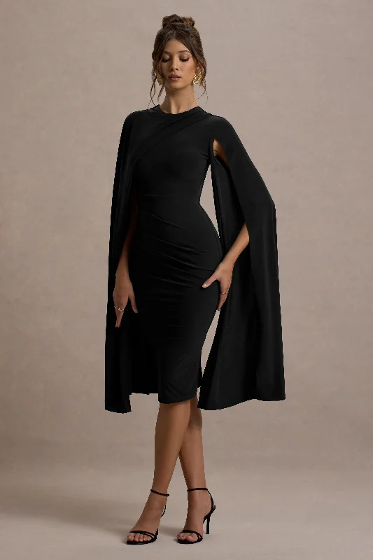 Midi dresses with keyhole backs for a flirty and unexpected detail Marysol | Black Asymmetric Cape Midi Dress Midi dresses with keyhole backs for a flirty and unexpected detail Marysol | Black Asymmetric Cape Midi Dress