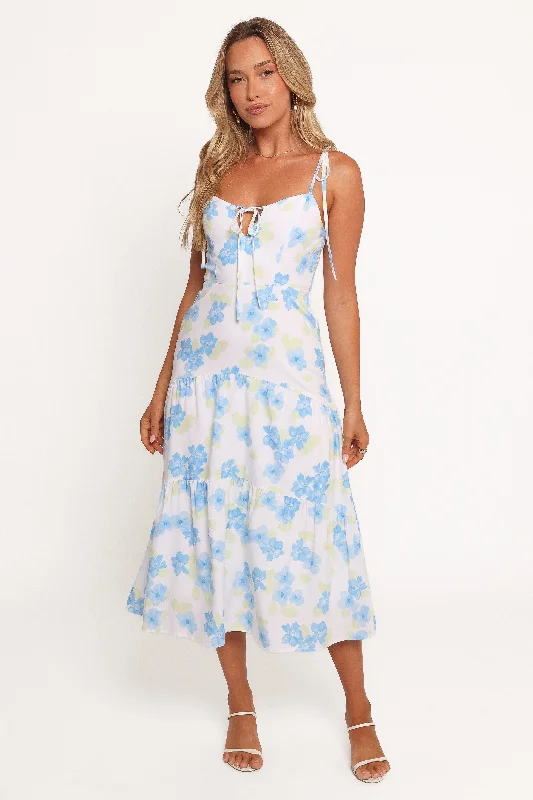Midi dresses with satin - finish fabrics for a luxurious feel Kieran Midi Dress - Blue Floral Midi dresses with satin - finish fabrics for a luxurious feel Kieran Midi Dress - Blue Floral