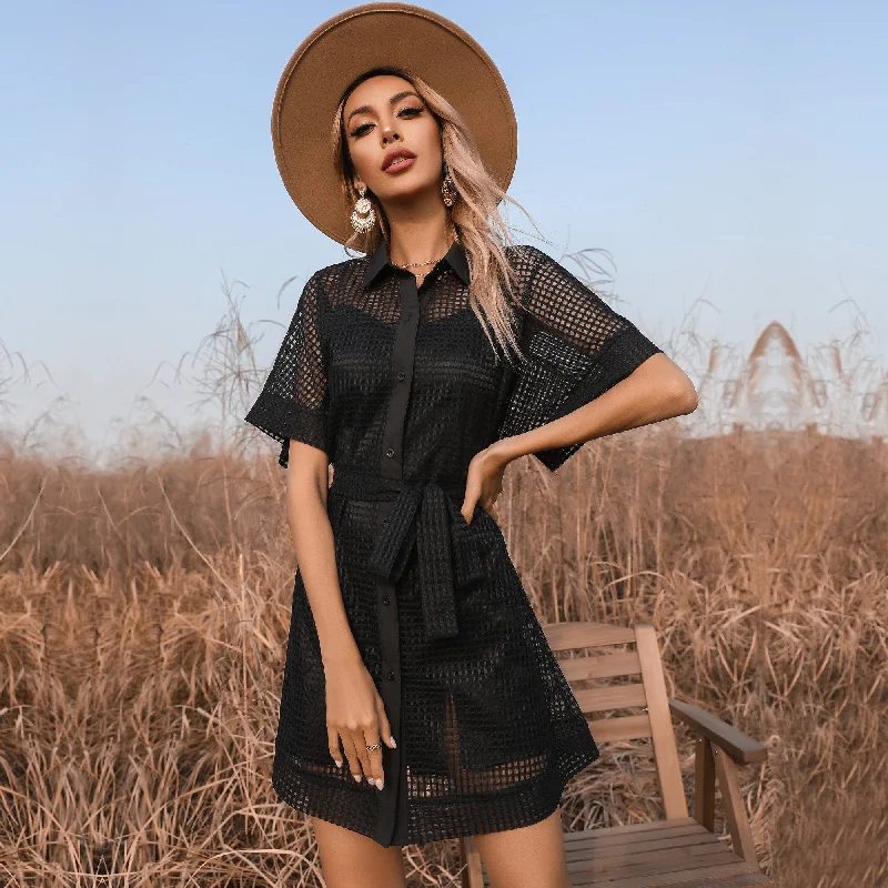 Midi dresses with denim fabric for a casual yet stylish day out KittenAlarm - Fashion lace black solid color mesh see-through dress Midi dresses with denim fabric for a casual yet stylish day out KittenAlarm - Fashion lace black solid color mesh see-through dress