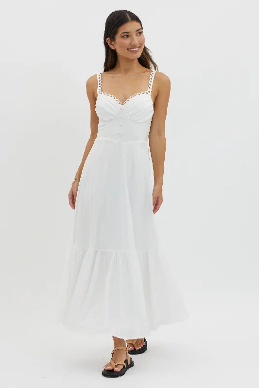 Maxi - inspired midi dresses with flowing fabrics for a beachy vibe Golden Suns Scallop Trim Midi Dress White Maxi - inspired midi dresses with flowing fabrics for a beachy vibe Golden Suns Scallop Trim Midi Dress White