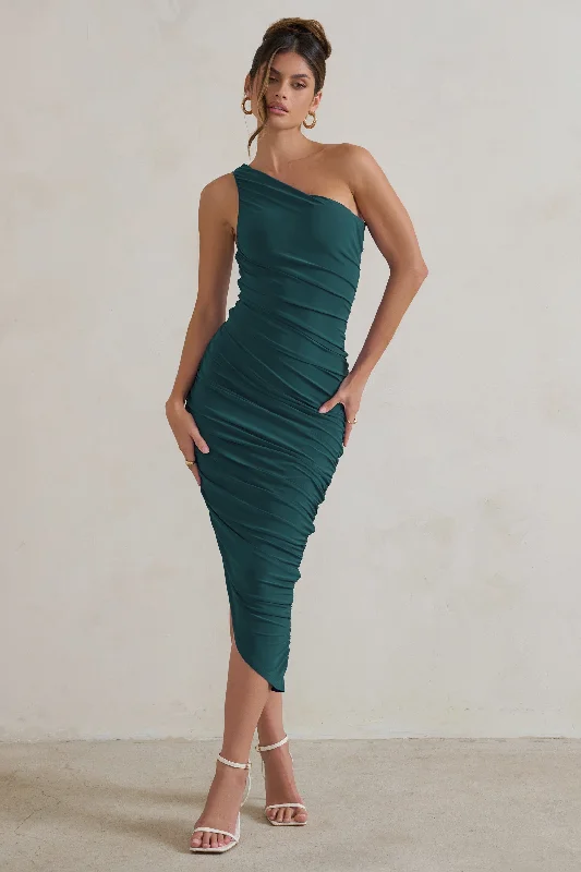 Midi dresses with mesh inserts for a trendy and breathable option Dorit | Bottle Green One Shoulder Asymmetric Ruched Midi Dress Midi dresses with mesh inserts for a trendy and breathable option Dorit | Bottle Green One Shoulder Asymmetric Ruched Midi Dress