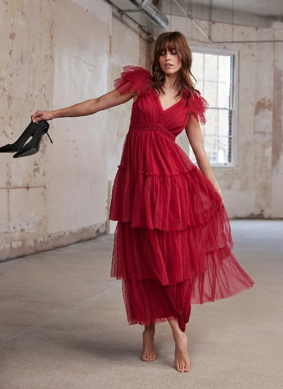 Animal print mini dresses for a bold statement Red Tulle Ruffle Maxi Dress
