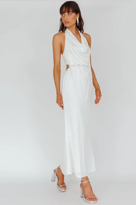 Midi dresses with tiered skirts for a bohemian festival look Emmi Cowl Neck Diamante Rope Dress White Midi dresses with tiered skirts for a bohemian festival look Emmi Cowl Neck Diamante Rope Dress White