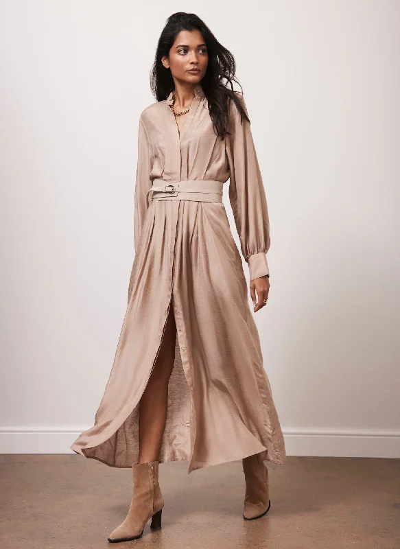 Printed mini dresses for a casual day out Beige Pleated Midi Shirt Dress