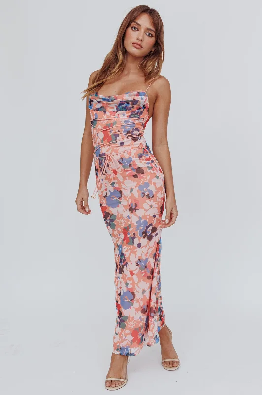 Midi dresses with button - front designs for a classic touch Teava Laced Waist Maxi Dress Flowers Orange Midi dresses with button - front designs for a classic touch Teava Laced Waist Maxi Dress Flowers Orange