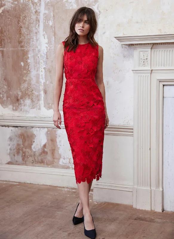 Mini dresses with halter necks for a stylish choice Red Floral Lace Midi Dress