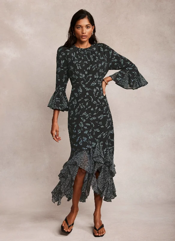 Mini dresses with high - low hems for a modern twist Black Floral Print Midi Dress