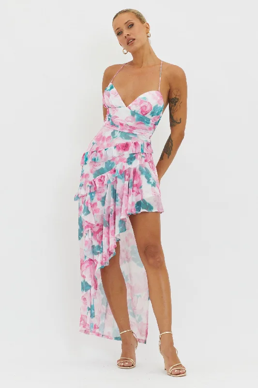 Midi dresses with metallic threads for a glamorous evening event Check Mate Frill Trim Cut-Out Split Dress Floral Pink Midi dresses with metallic threads for a glamorous evening event Check Mate Frill Trim Cut-Out Split Dress Floral Pink