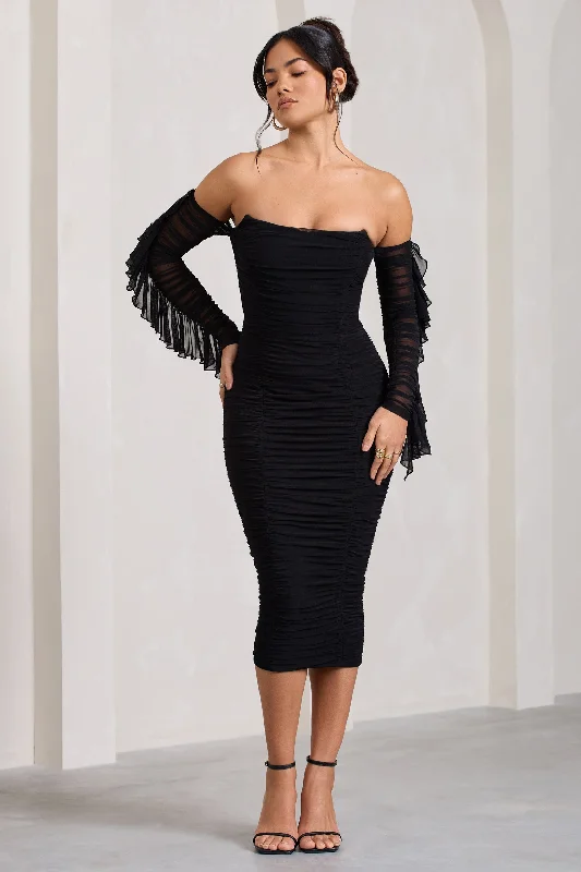 Midi dresses with puff sleeves for a vintage - inspired look Favor | Black Ruched Mesh Bardot Midi Dress Midi dresses with puff sleeves for a vintage - inspired look Favor | Black Ruched Mesh Bardot Midi Dress