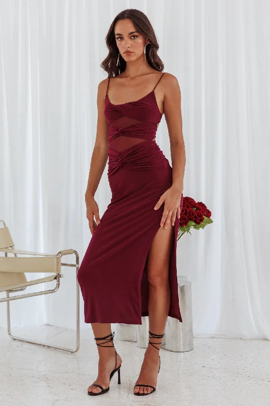 Midi dresses with embroidered accents for a unique and detailed design Love Life Twist Bodice Dress Burgundy Midi dresses with embroidered accents for a unique and detailed design Love Life Twist Bodice Dress Burgundy