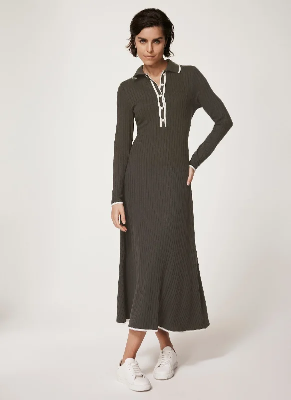 Mini dresses with empire waists for a flattering fit Khaki Ribbed Contrast Trim Polo Midi Dress