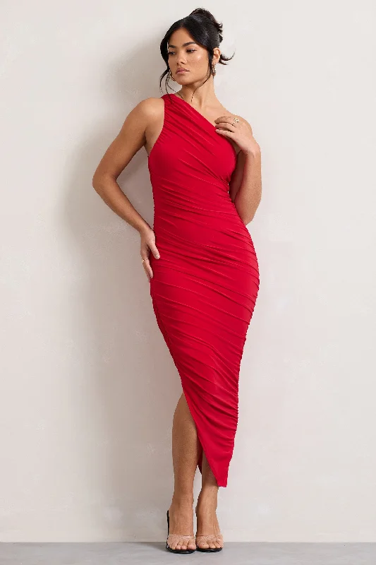 Midi dresses with ruffled hems for a romantic date night Dorit | Red One Shoulder Asymmetric Ruched Midi Dress Midi dresses with ruffled hems for a romantic date night Dorit | Red One Shoulder Asymmetric Ruched Midi Dress