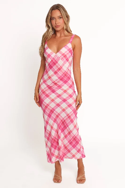 Midi dresses with keyhole backs for a flirty and unexpected detail Morghan Midi Dress - Pink Check Midi dresses with keyhole backs for a flirty and unexpected detail Morghan Midi Dress - Pink Check