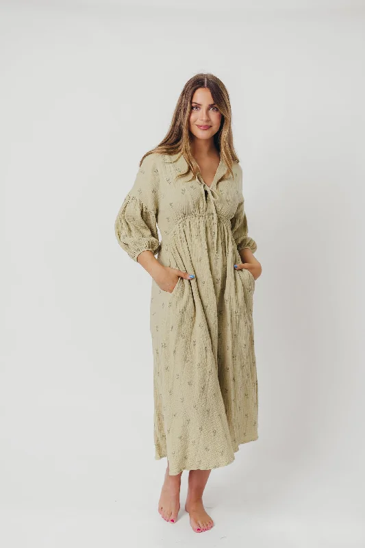 Midi dresses with belted waists to accentuate the figure Hunter 100% Cotton Gauze Midi Dress in Thyme/Sage Foliage - Bump Friendly and Inclusive Sizing (Restocking in April) Midi dresses with belted waists to accentuate the figure Hunter 100% Cotton Gauze Midi Dress in Thyme/Sage Foliage - Bump Friendly and Inclusive Sizing (Restocking in April)