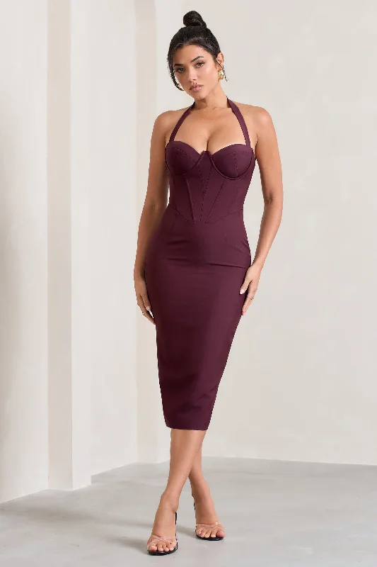 Midi dresses with pleated bodices for a classic and tailored look Supermodel | Burgundy Halter-Neck Corset Midi Dress Midi dresses with pleated bodices for a classic and tailored look Supermodel | Burgundy Halter-Neck Corset Midi Dress