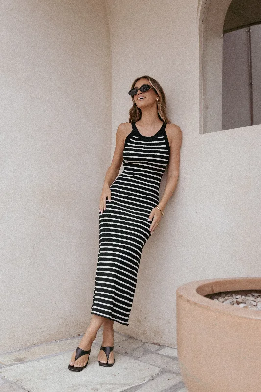 Midi dresses with ruched sleeves for a more fitted and stylish arm look Arabella Knit Dress - Black Beige Stripe Midi dresses with ruched sleeves for a more fitted and stylish arm look Arabella Knit Dress - Black Beige Stripe