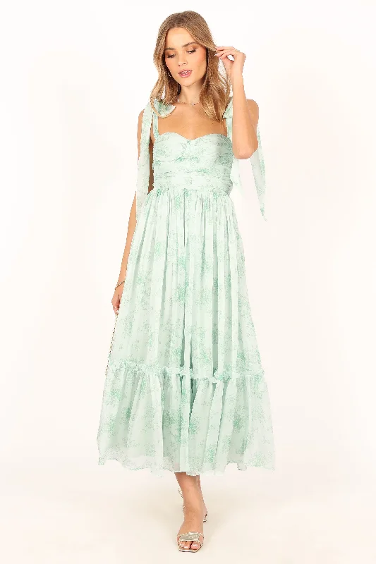 Midi dresses with asymmetric hems for a fashion - forward and dynamic appearance Floret Midi Dress - Sage