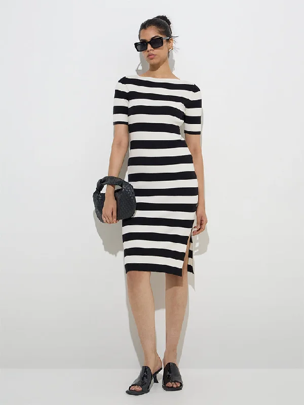 Mini dresses with polka dot patterns Wardrobe Ivory Stripe Printed Ribbed Bodycon Dress